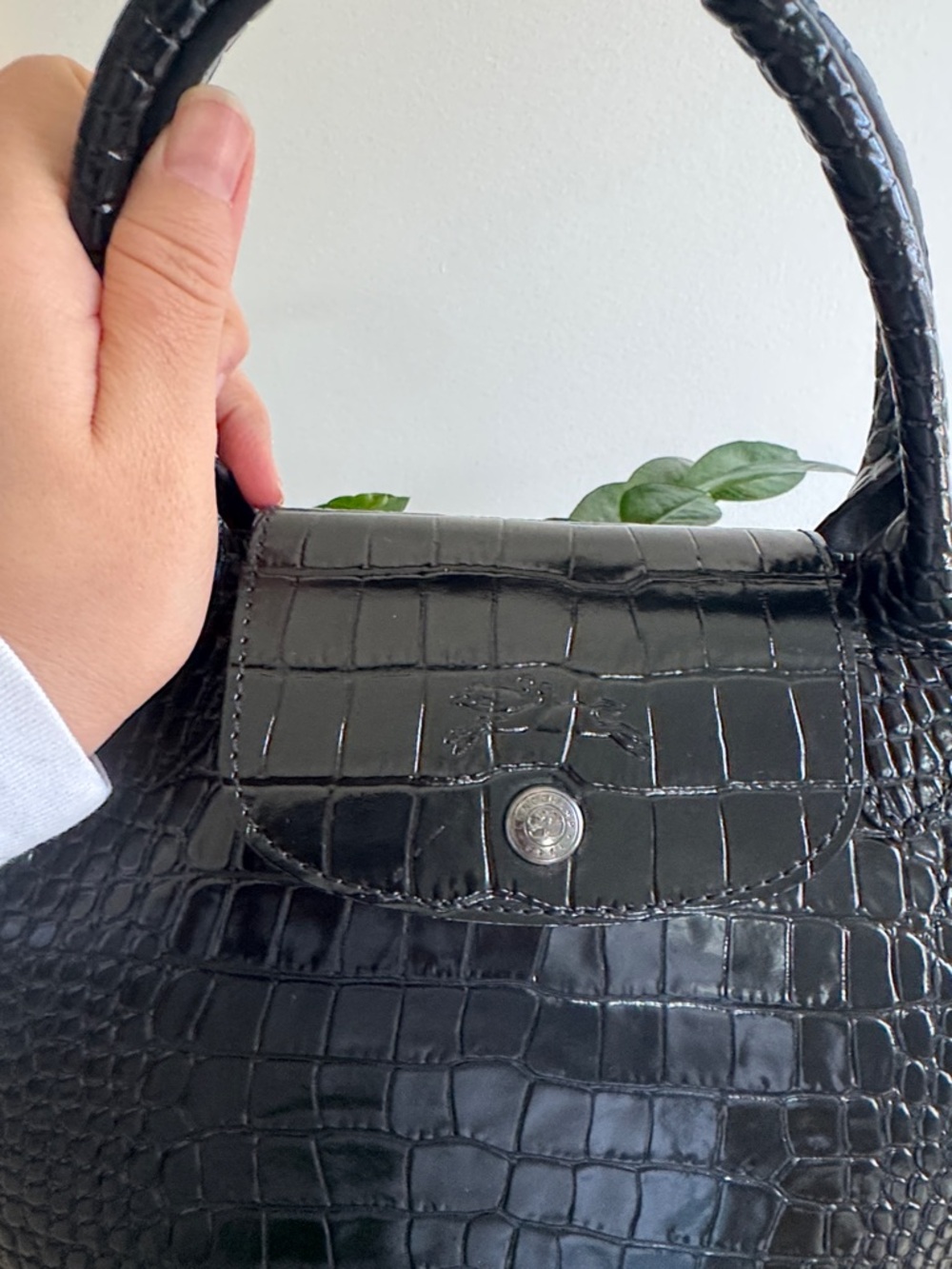 Longchamp Black Croc-Embossed Small Top-Handle Tote - Picture 8 of 11